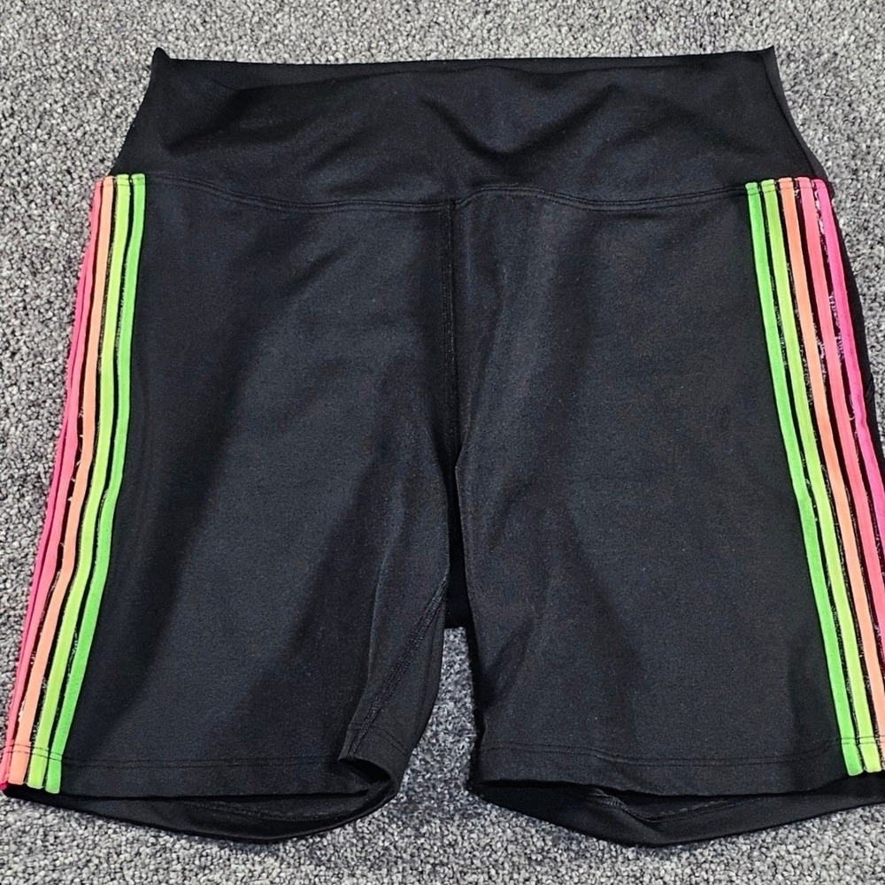 PINK Victoria sSecret Biker Shorts Womens Medium Black Neon Rainbow Striped‎ Gym